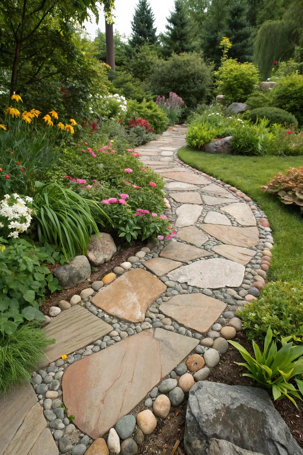 Decorative stones add texture and uniqueness to a flagstone path.