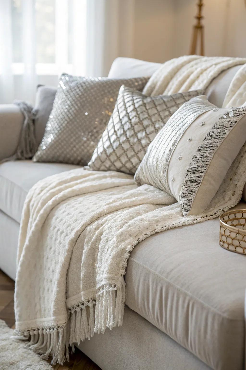 Add cozy elegance with textured white and silver throws and pillows.