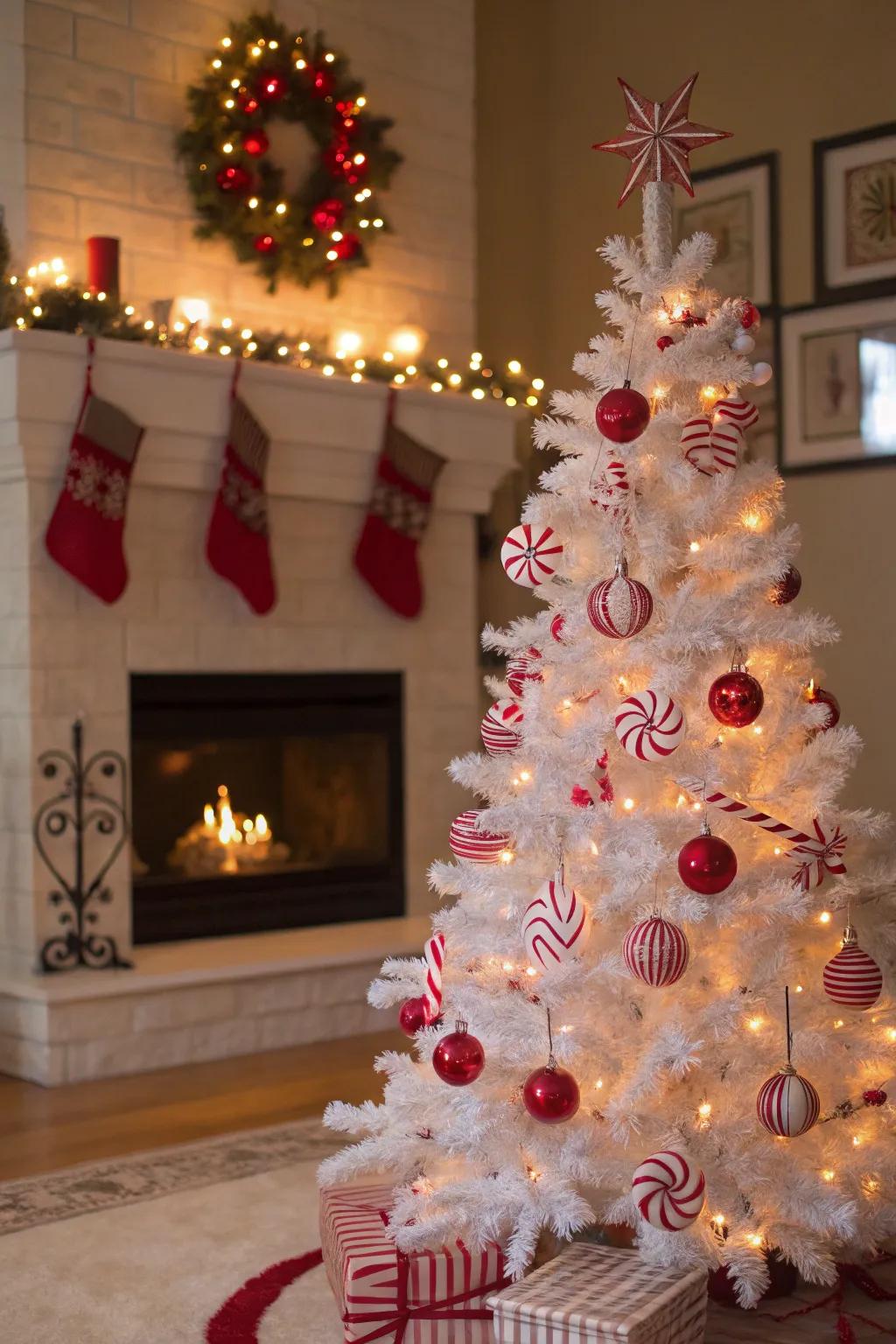 Whimsical candy cane theme adding fun to a white Christmas tree.