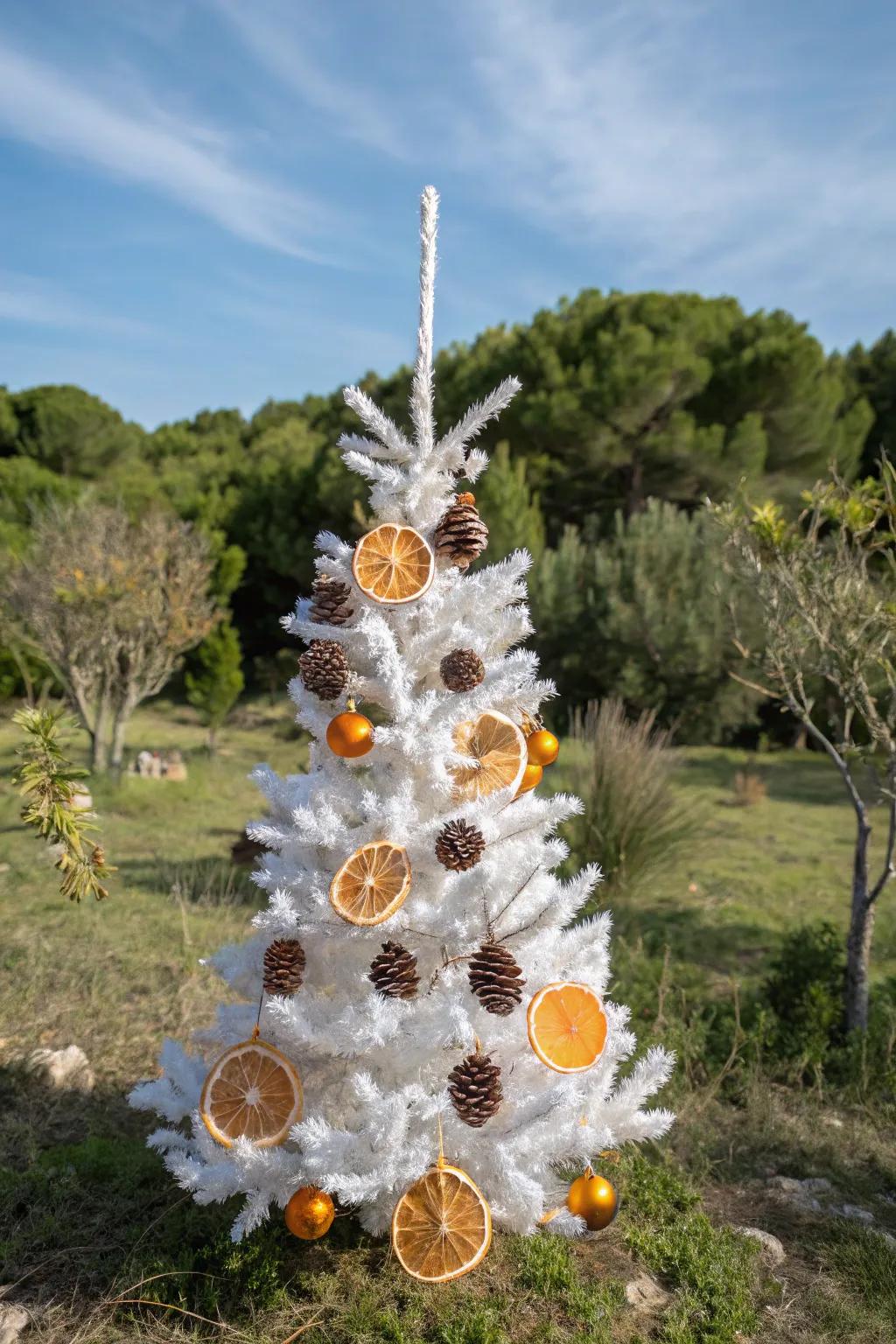 A nature-inspired white pencil tree with pinecones and dried orange slices.