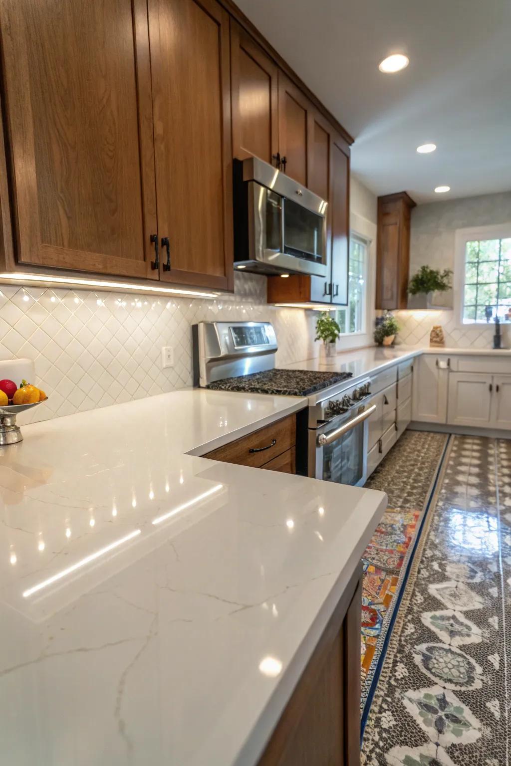 Reflective quartz backsplash brightening up the kitchen space.