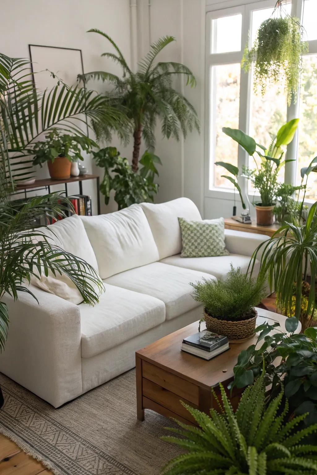 Lush greenery complements a white sectional.