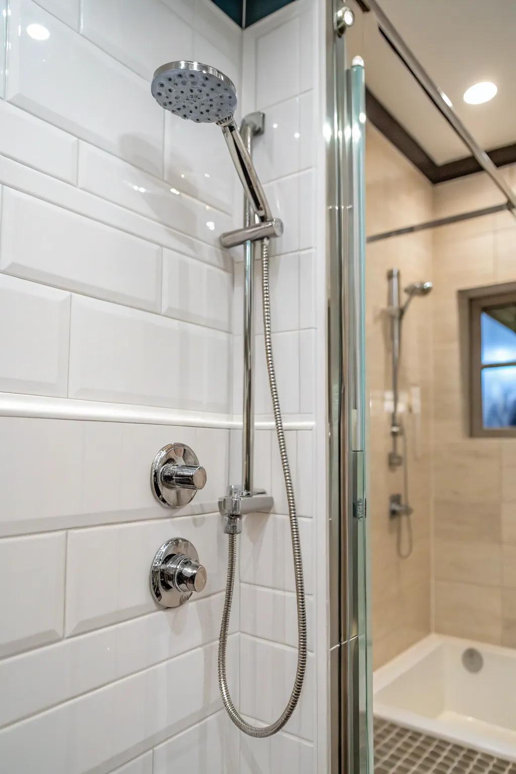 Modern metallic fixtures in a white shower setting.