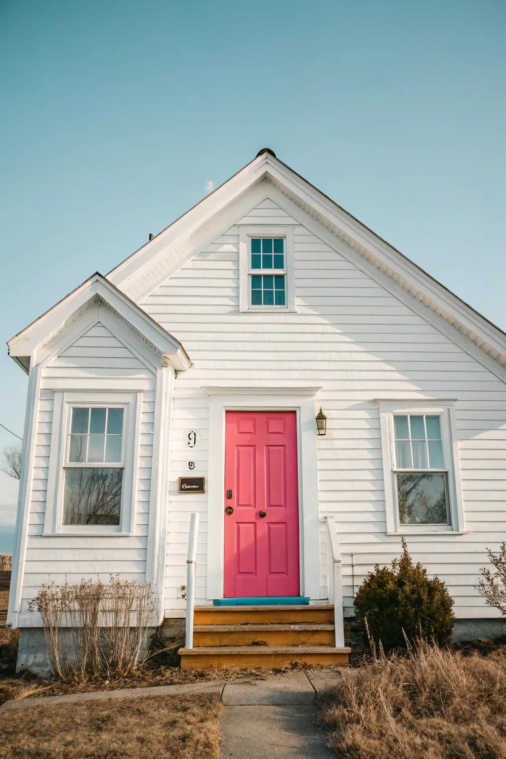 A white vinyl siding house with a playful, brightly colored front door.