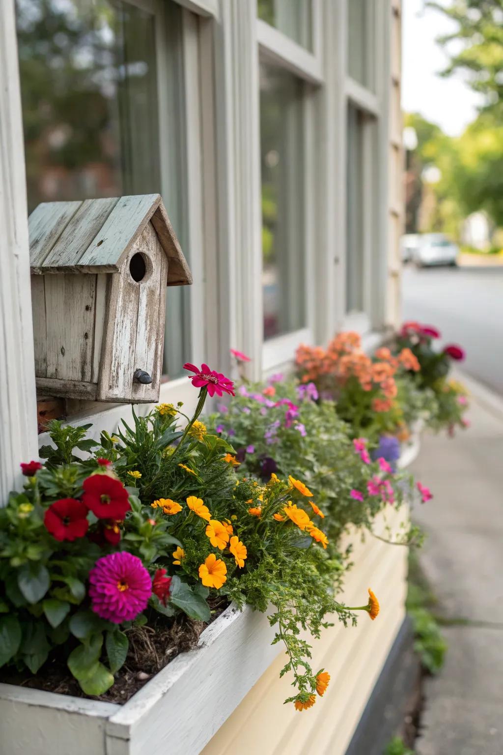 A whimsical miniature garden with a birdhouse.