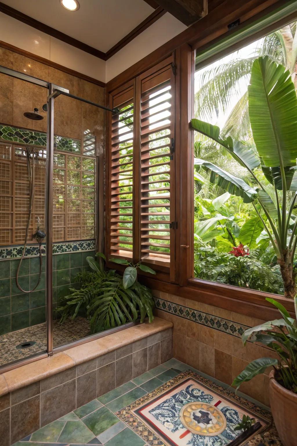 Jalousie windows bring an indoor-outdoor feel to the shower space.