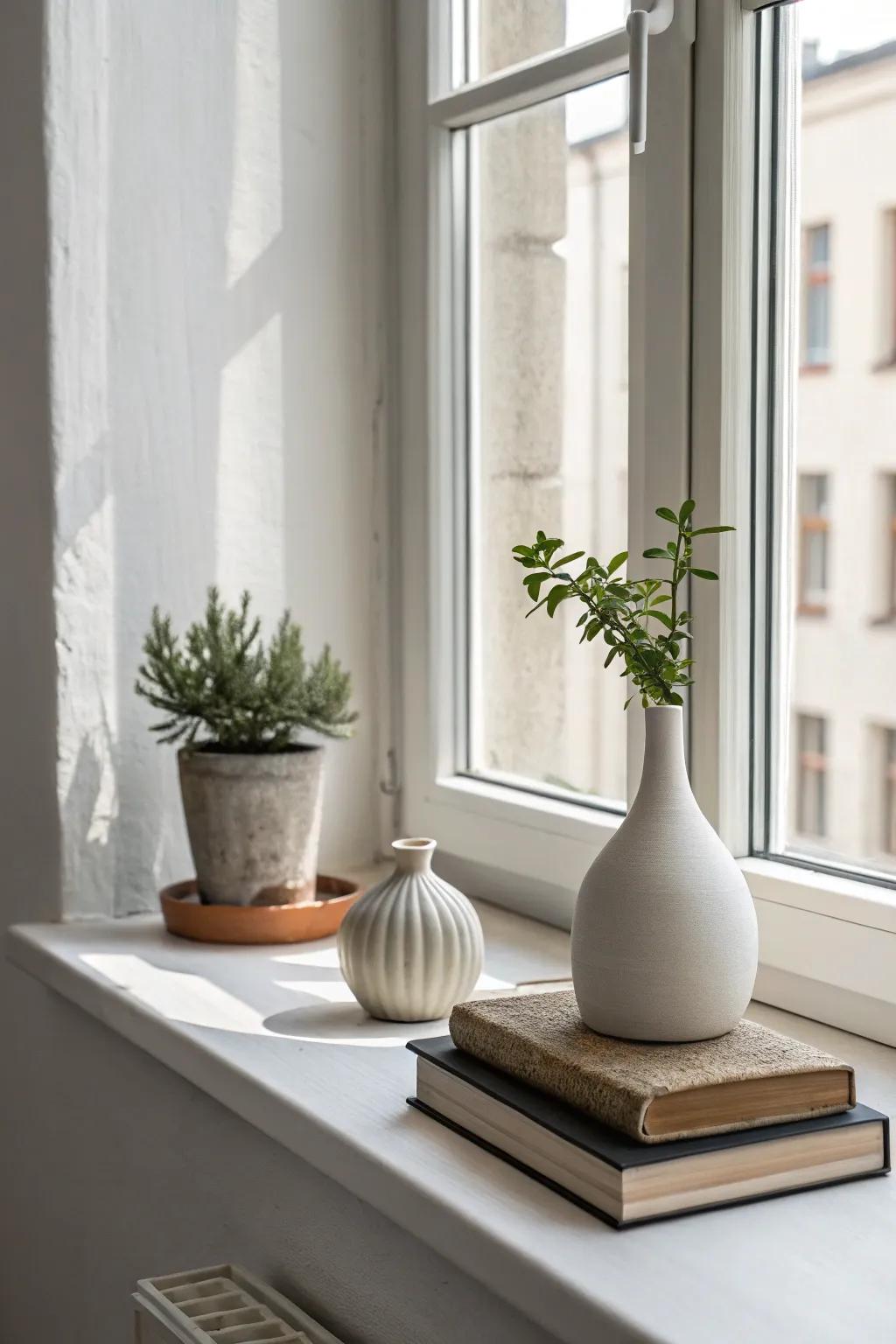 A minimalist window sill with clean lines and simple decor.