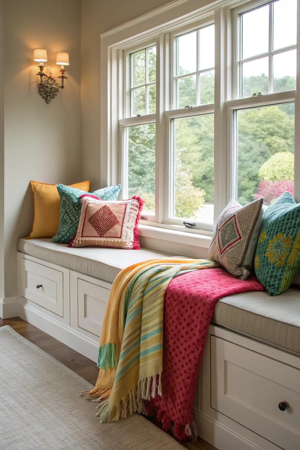 Add color through textiles for a cheerful and inviting window seat.