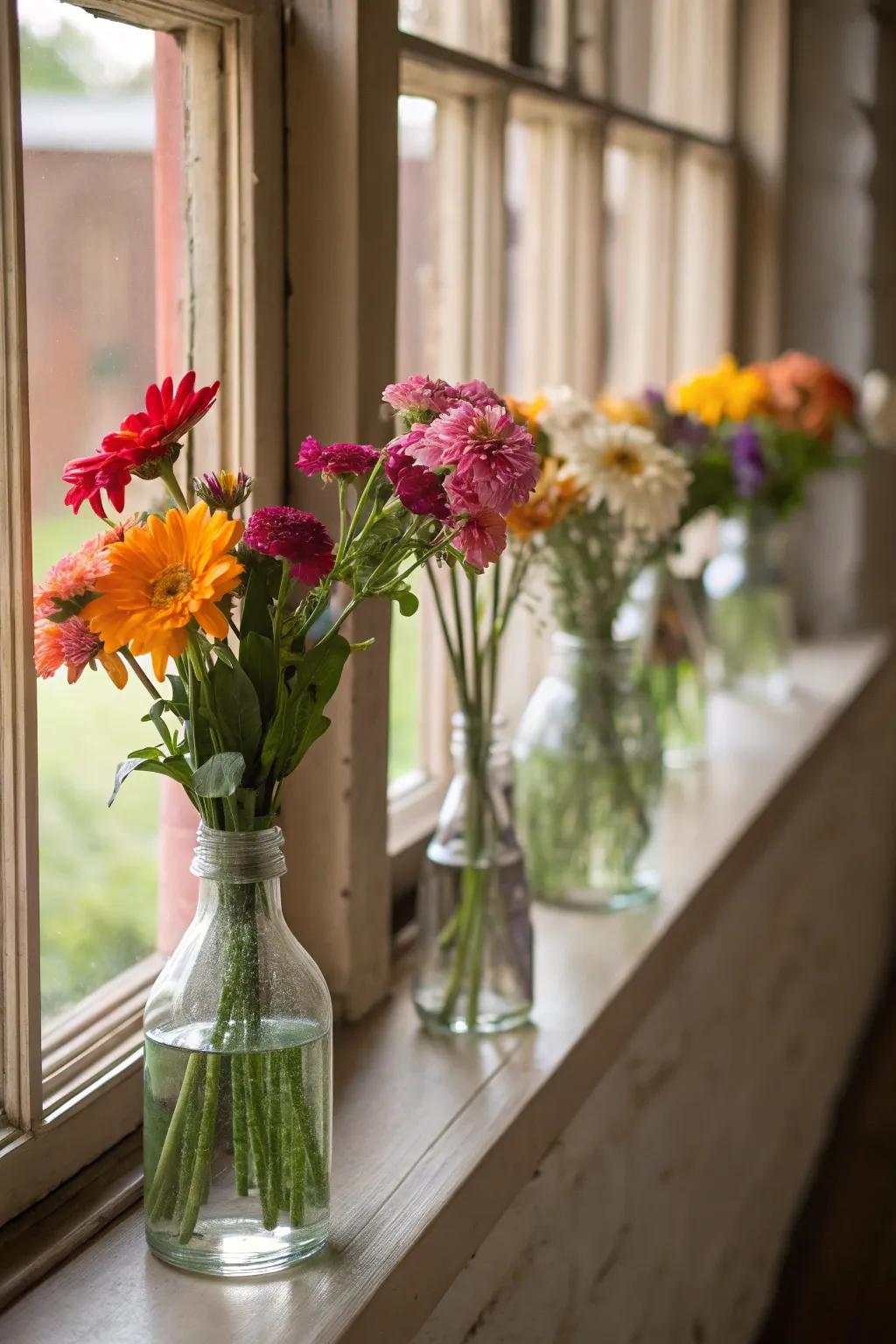 Vases filled with flowers add a splash of color and life.