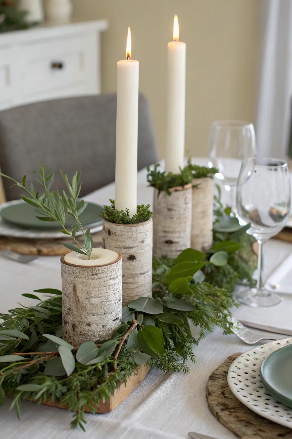 Rustic charm with birchwood candle holders.