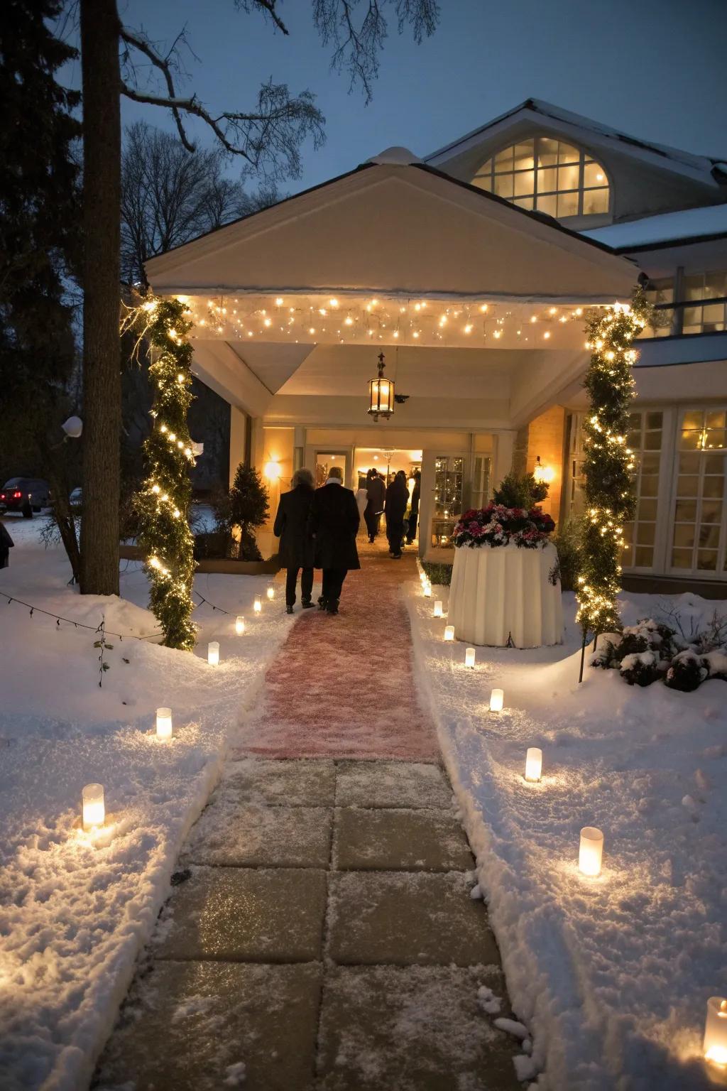 A snowy pathway sets the scene for a magical entrance.