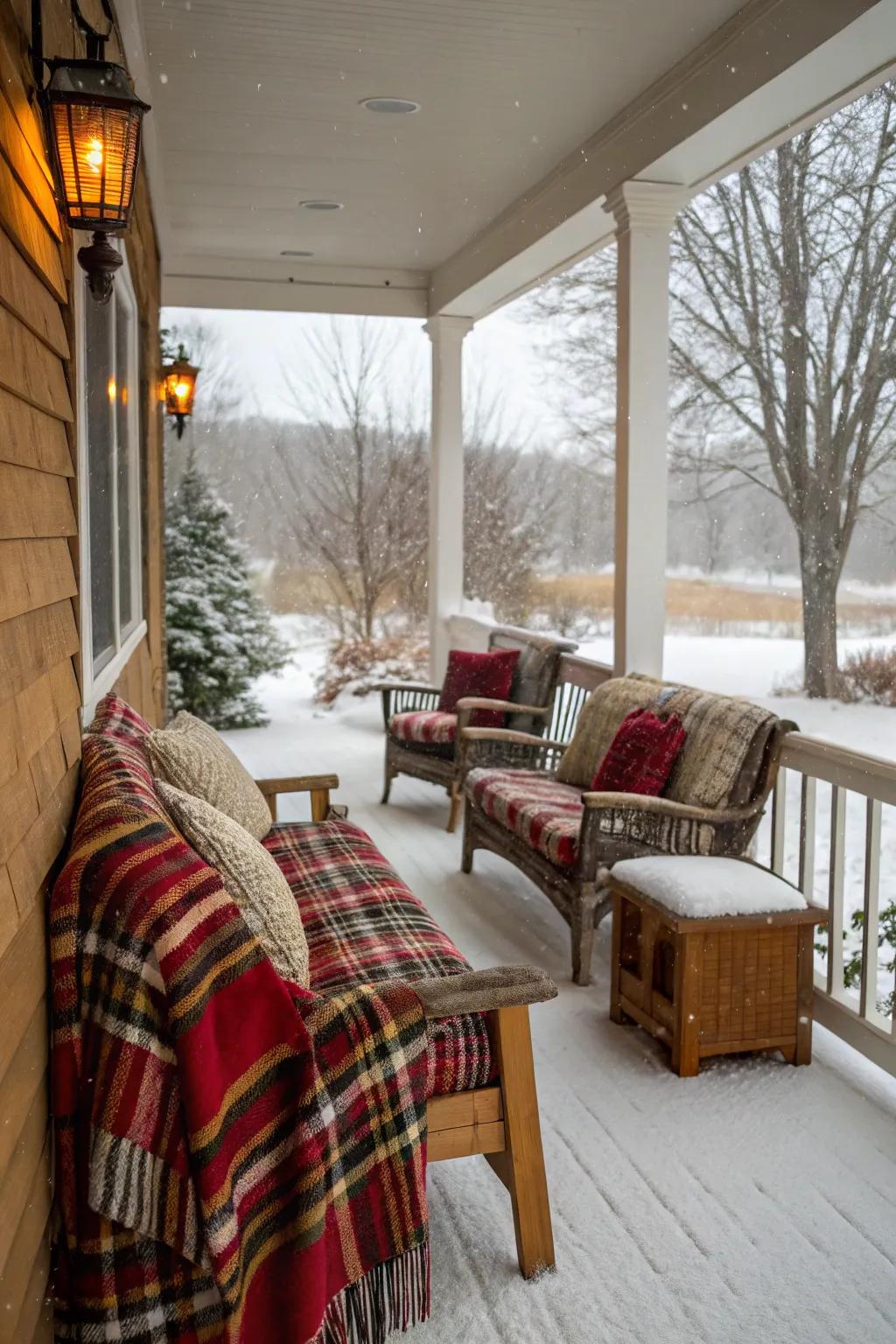 Cozy textiles on a winter porch seating area.