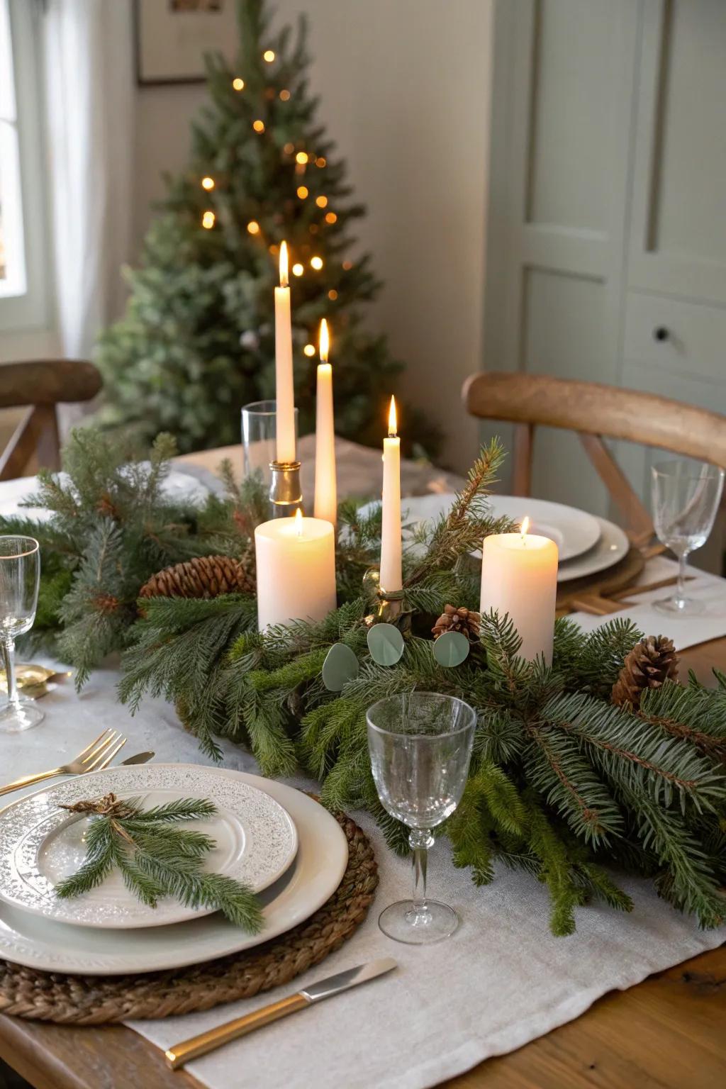 A festive evergreen centerpiece adds elegance to the dining table.