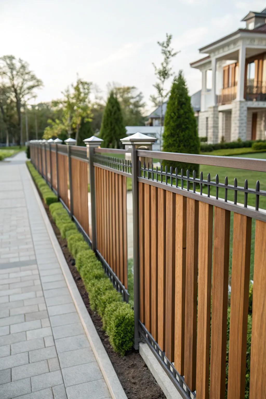 An elegant fence with vertical wood slats and metal trim.