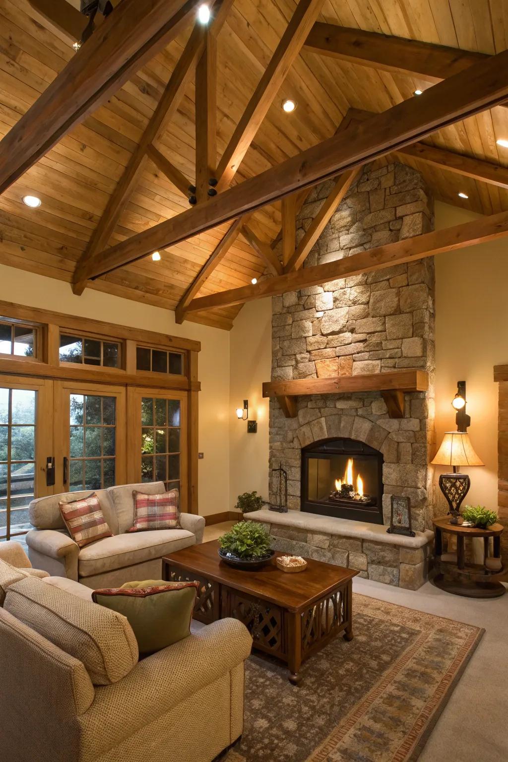 Cozy living room featuring a fireplace and wood beams.