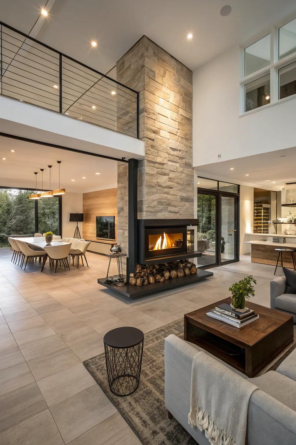 Connect spaces with a two-sided fireplace.