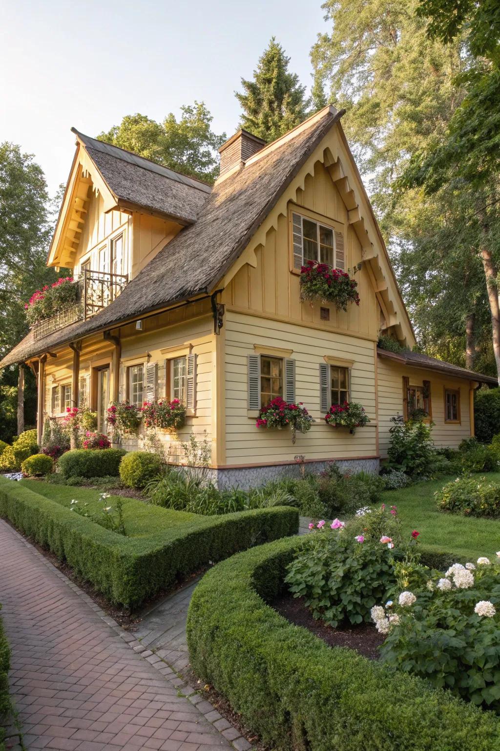 A cozy cottage-style wooden house with inviting warm hues.