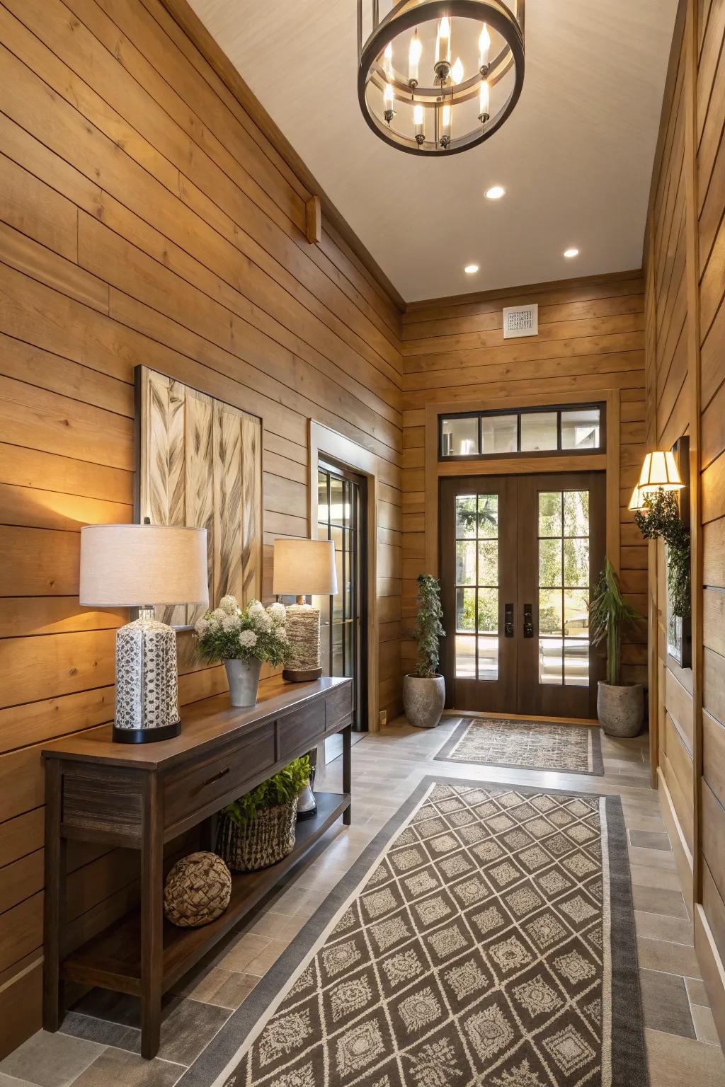 An entryway enhanced by elegant wood paneling.