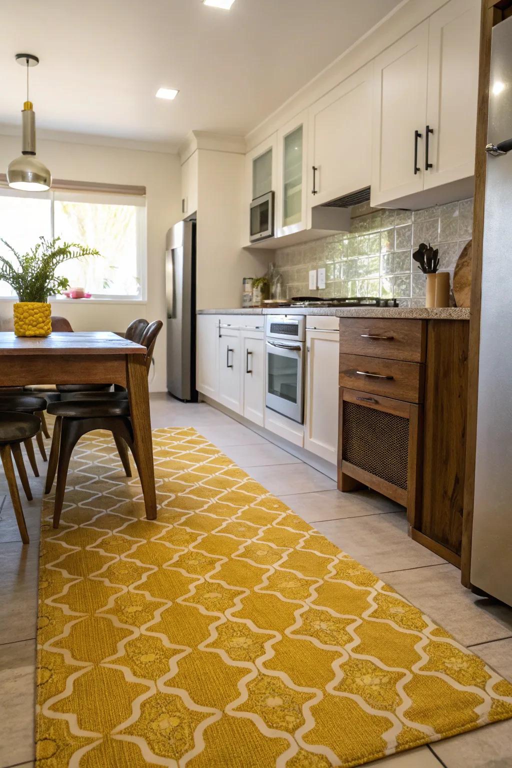 A yellow kitchen rug adds warmth and ties the room together.