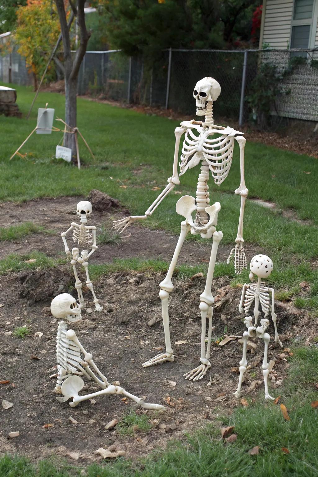 A family of skeletons gathers for Halloween fun.