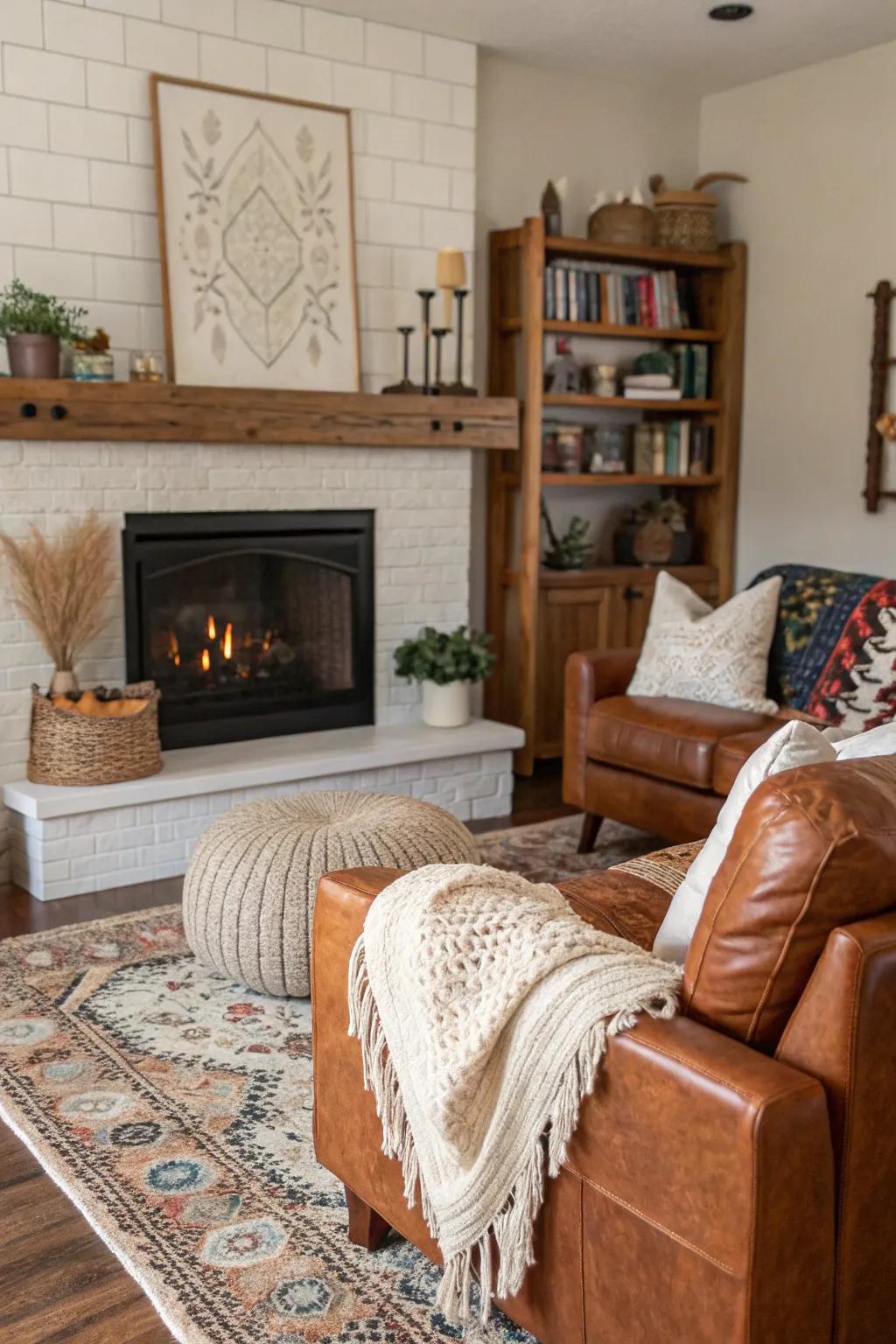 Layered textures add depth and interest to the space above the fireplace.