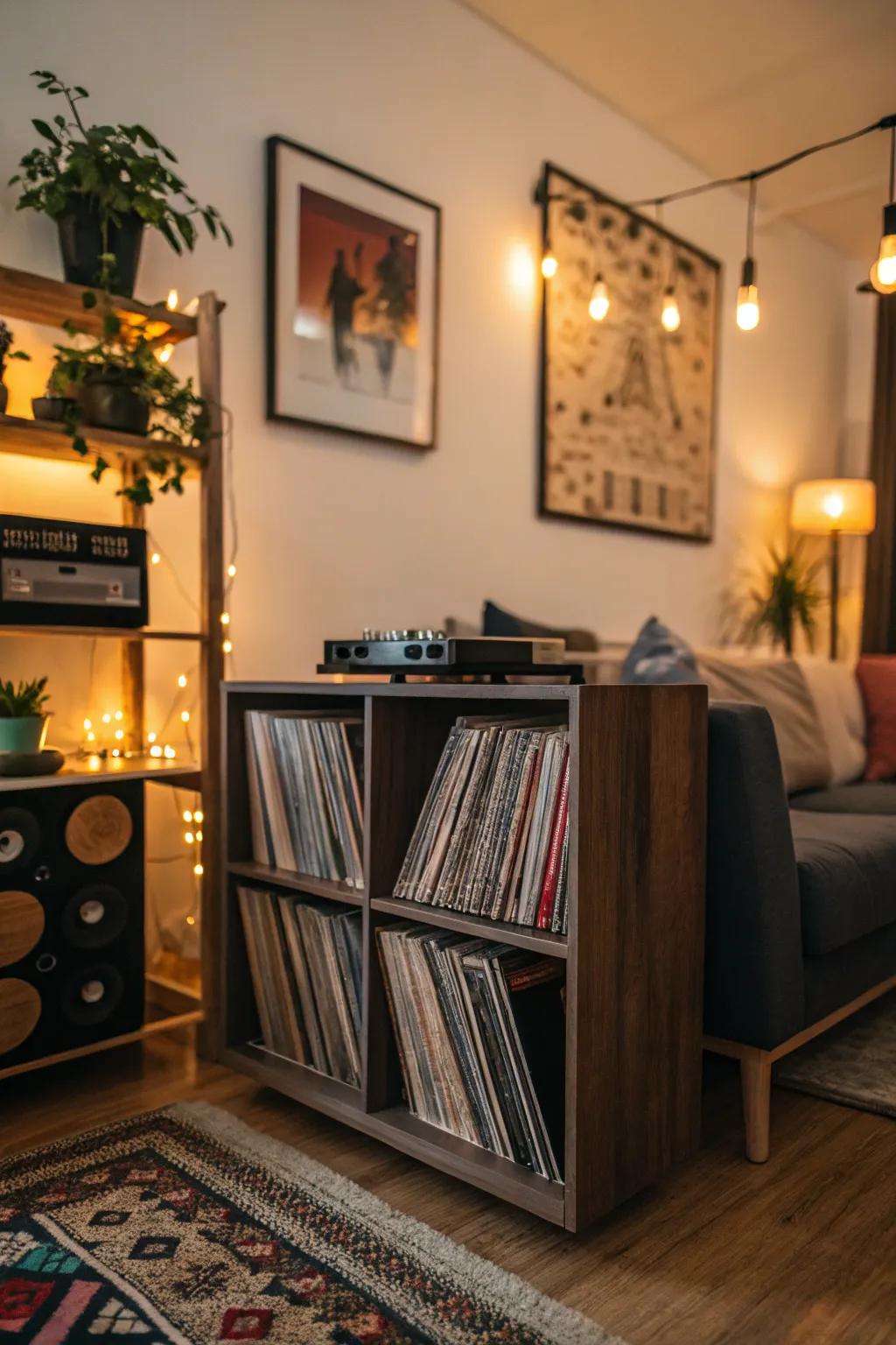 A custom vinyl record shelf tailored to personal taste and room design.