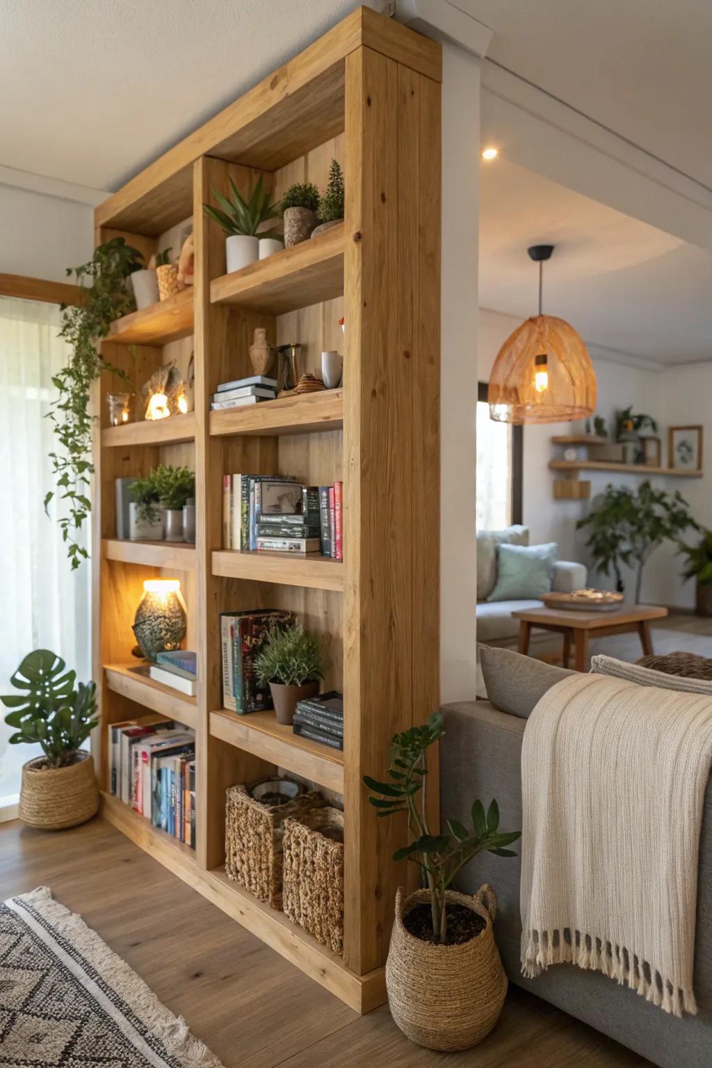 Natural wood shelves bring warmth and texture to your home.