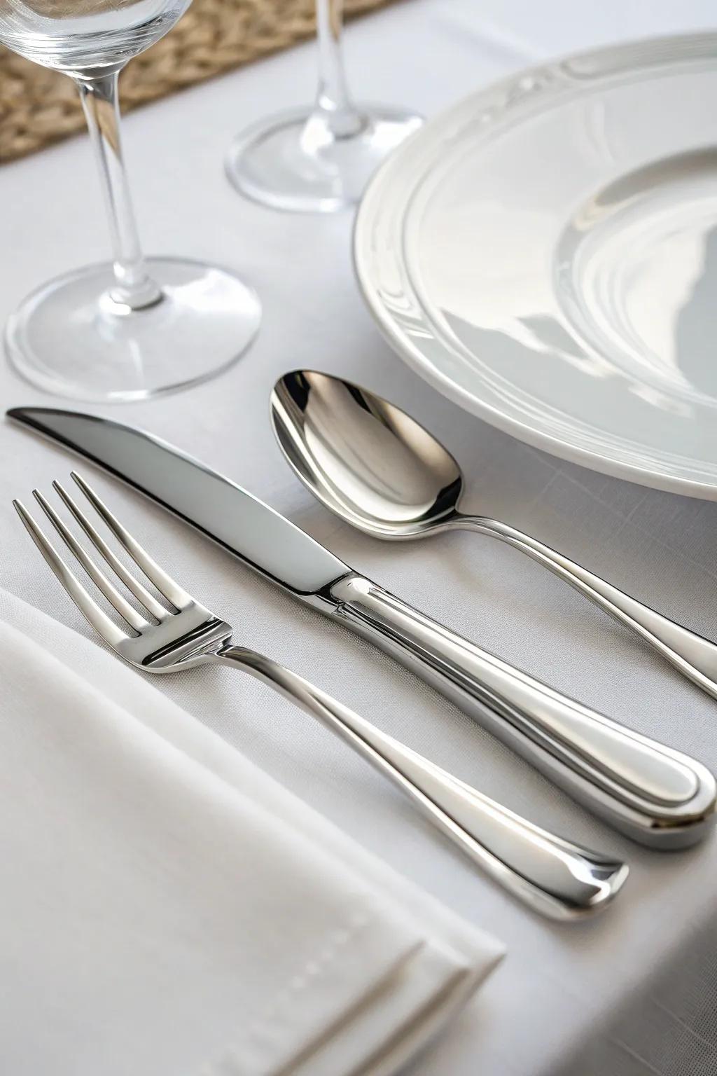 Minimalist silverware complements the all-white dinnerware beautifully.