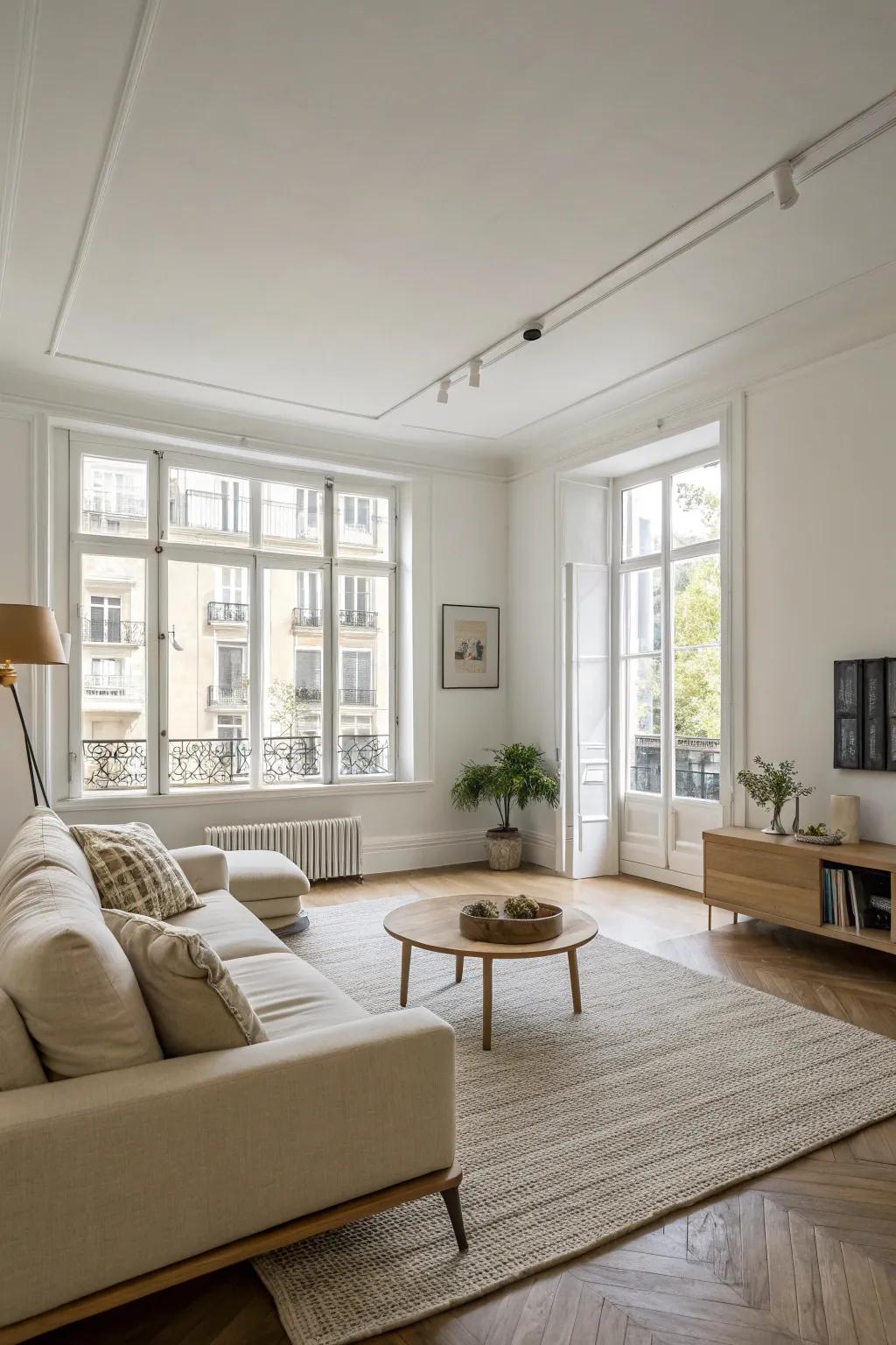 A minimalist living room with clean lines and a serene vibe.