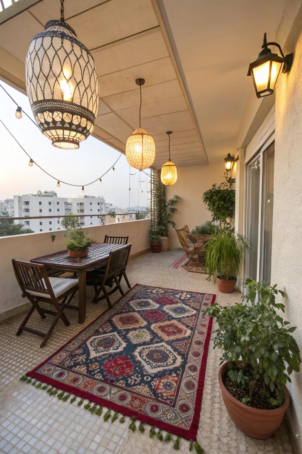 Personal touches like rugs and lanterns reflect individual style.