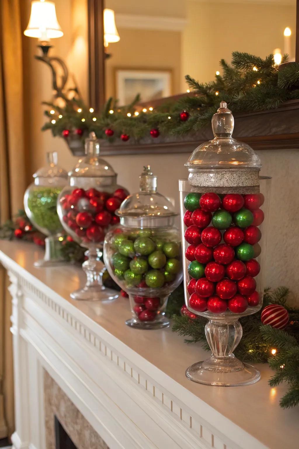 Festive apothecary jars add a joyful touch to holiday decor.