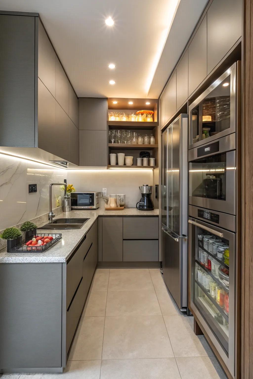 Under-counter cabinets hide appliances, maximizing space in smaller kitchens.