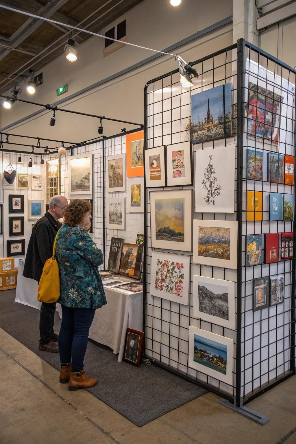 Structured grid walls showcasing diverse artworks.