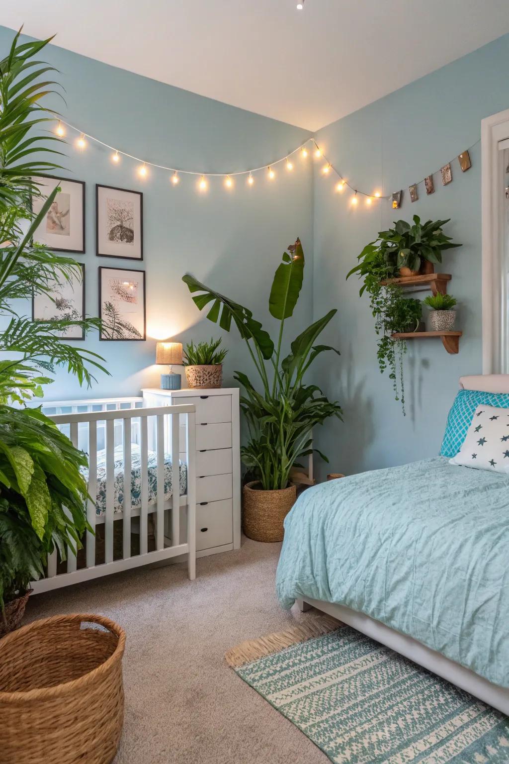 Green plants introduce a fresh contrast to a serene baby blue bedroom.