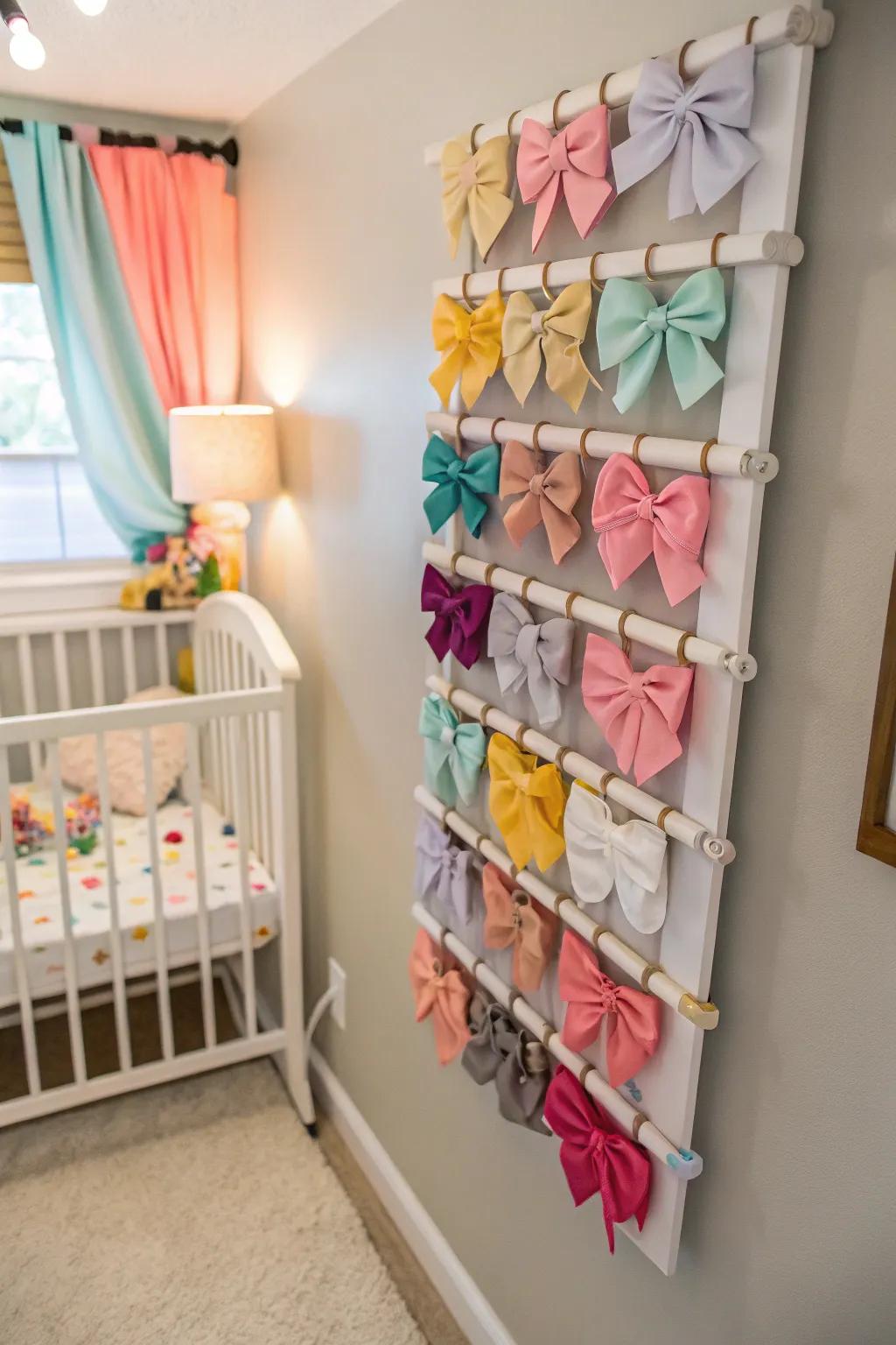 Space-saving compact wall rack for baby bows.