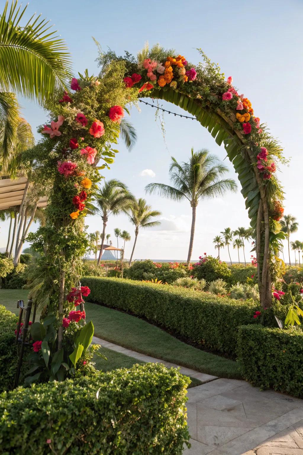 A lively tropical arch with palm leaves and flowers for a sunny vibe.