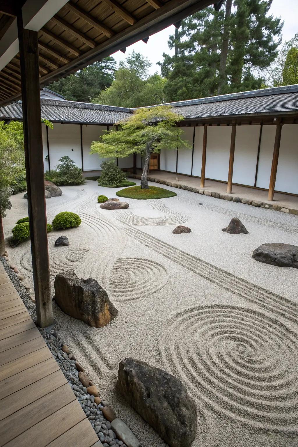 A Zen garden corner provides a peaceful sanctuary for relaxation.