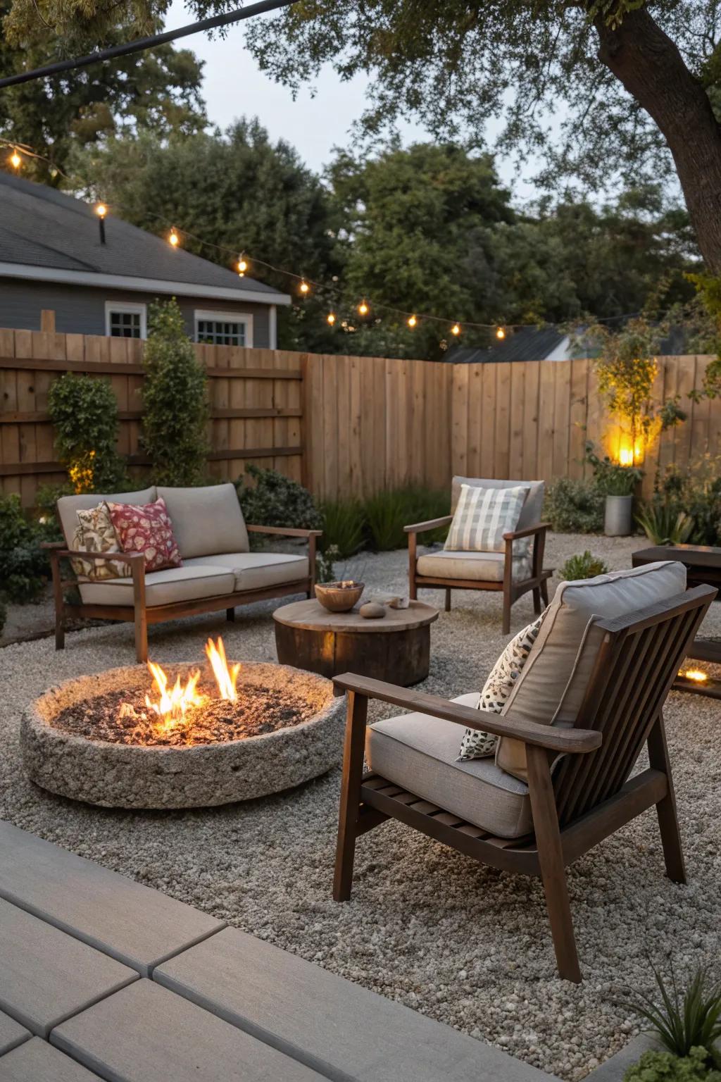 Gravel flooring around a fire pit creates a cozy and inviting patio area.