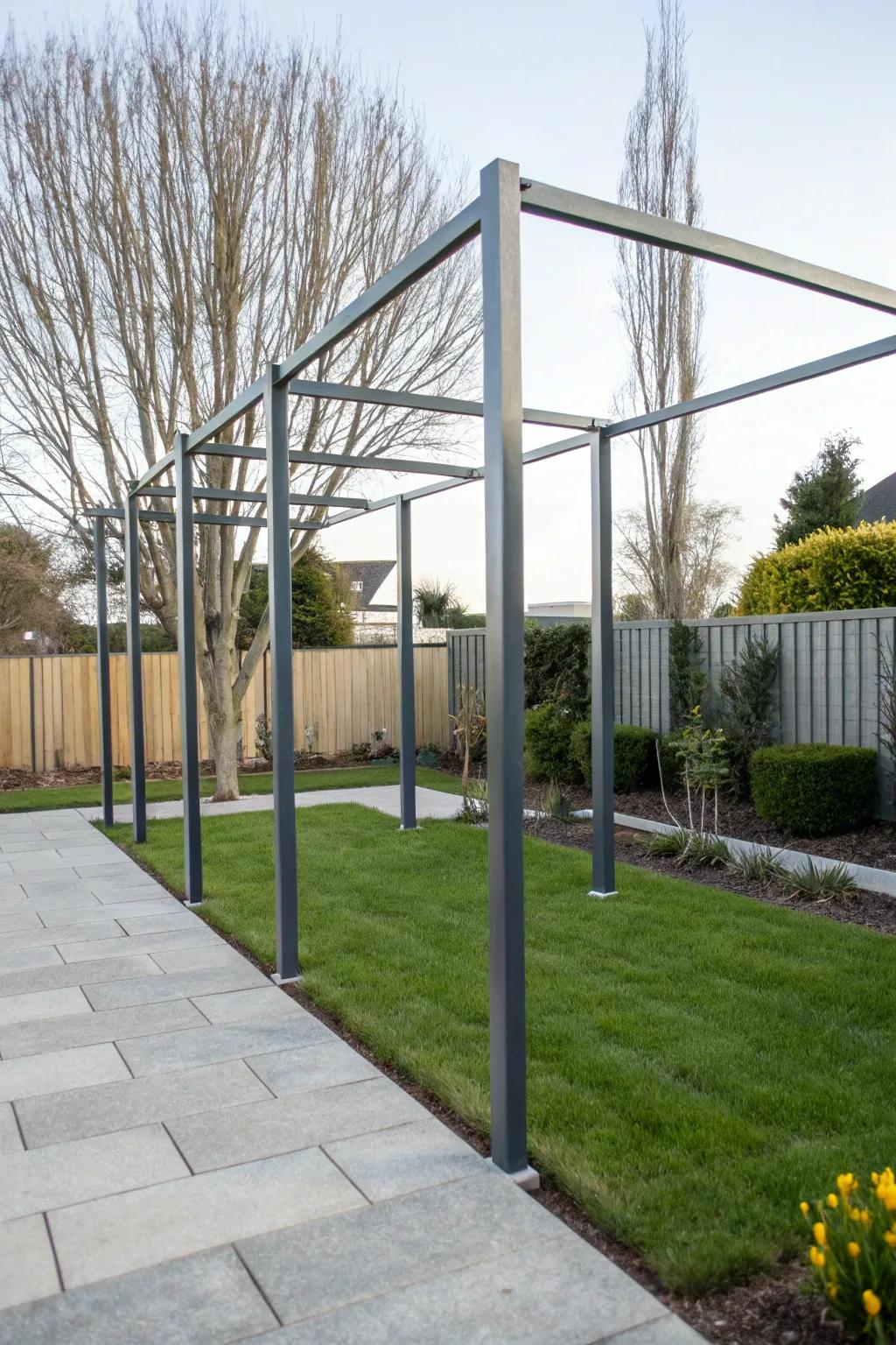 Introduce modern elegance with metal frame posts in your backyard.