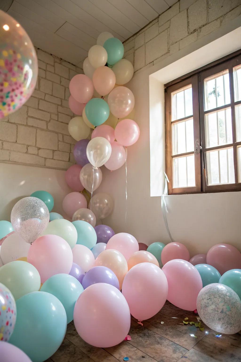 A mix of large and small balloons creates a dynamic decor.