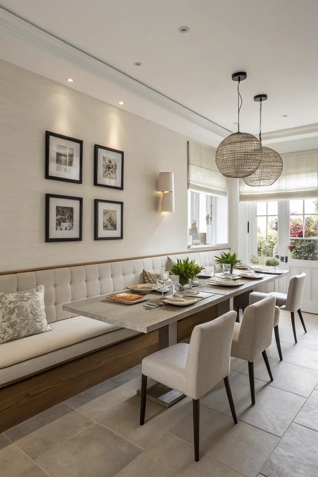 A modern dining room with a floating banquette, offering a sleek and contemporary look.