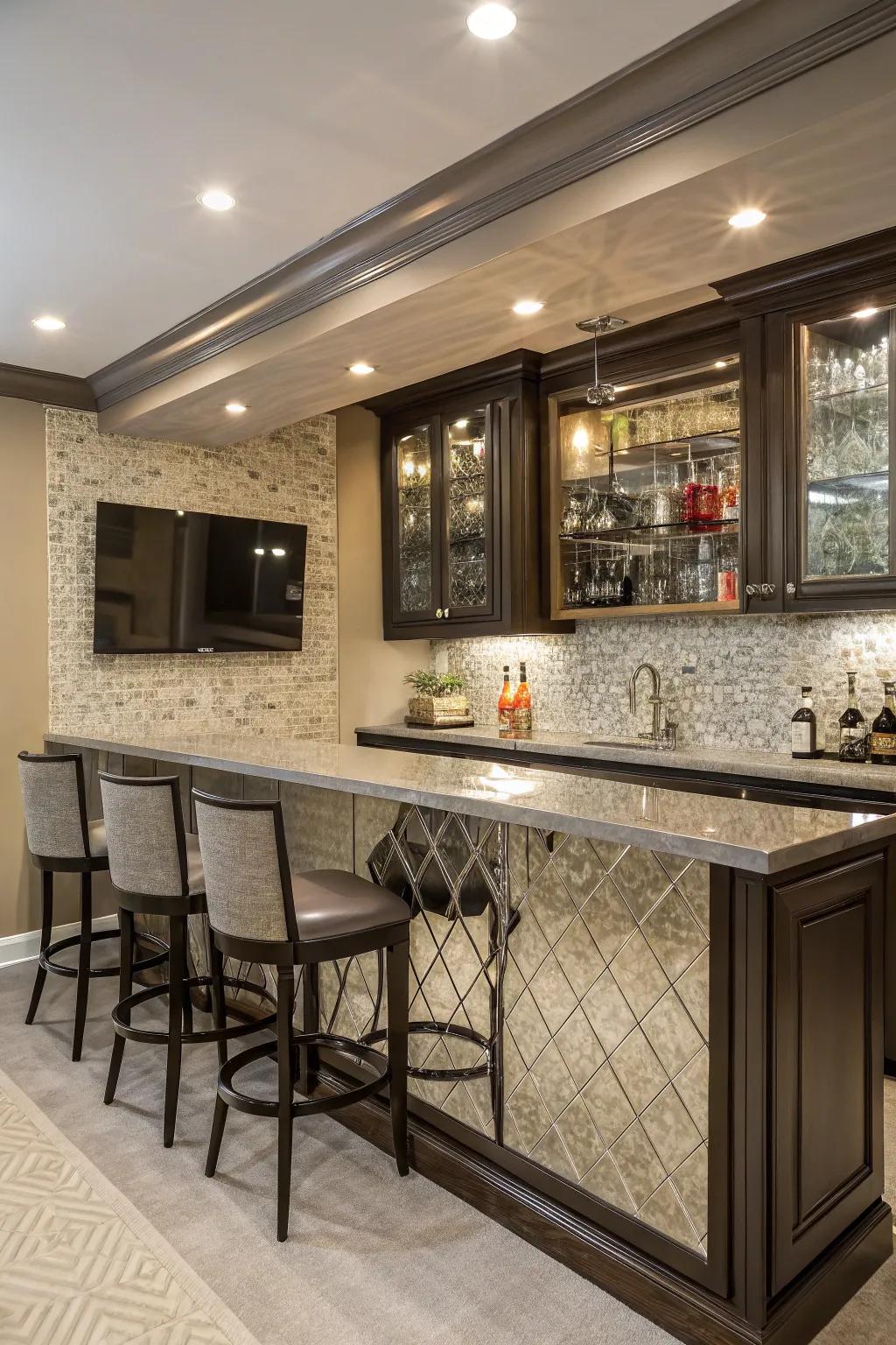 A home bar with a sophisticated mirror tile backsplash that enhances the space.