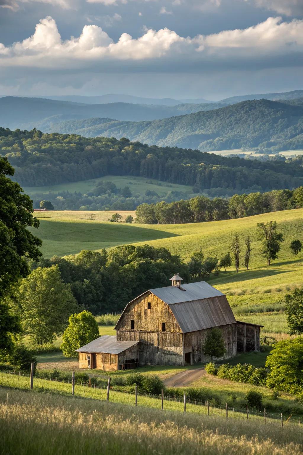 A barn house beautifully nestled in a scenic rural landscape.