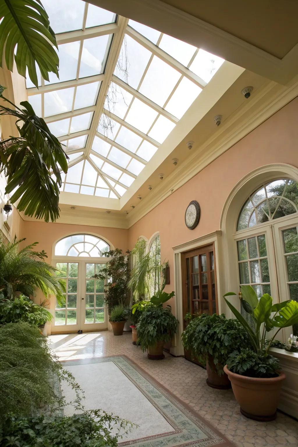 A bright room with a barrel ceiling enhanced by skylights.