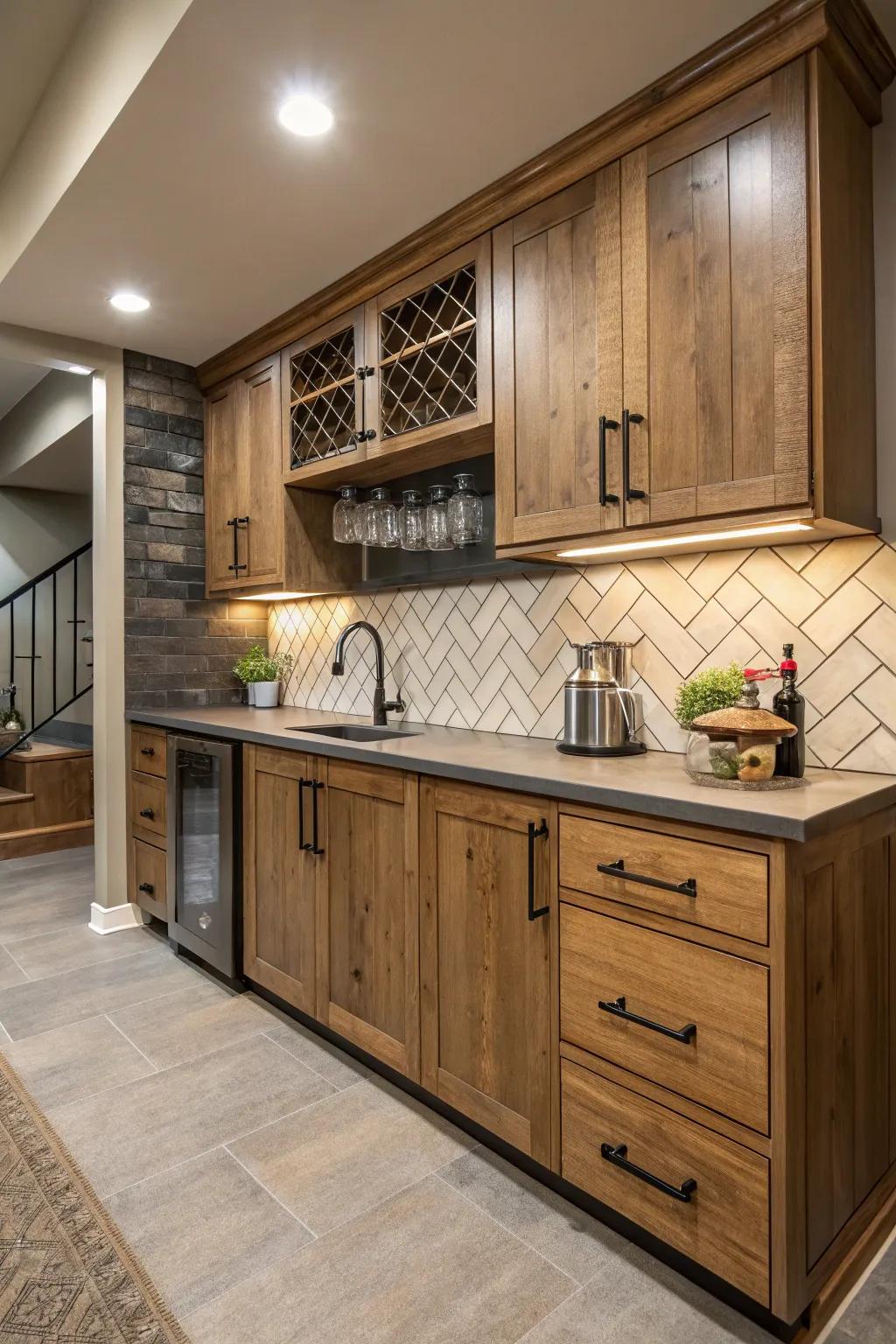 Mixing materials brings a rich, layered look to your kitchenette.