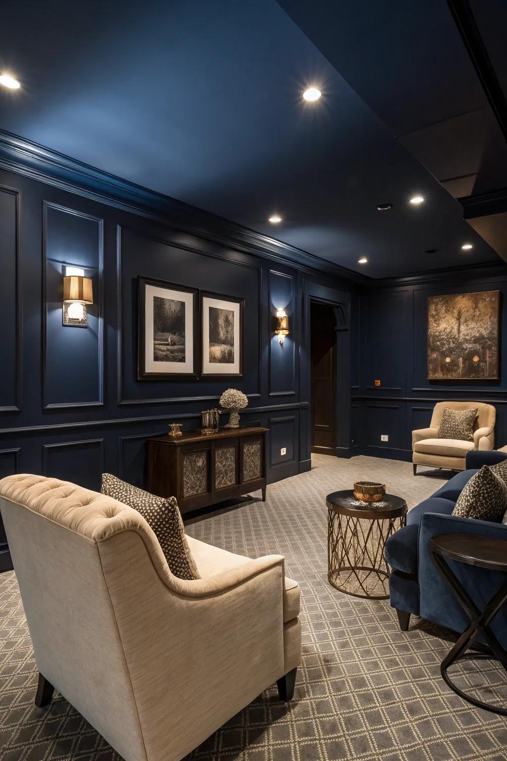 Navy blue walls create a dramatic and elegant atmosphere.