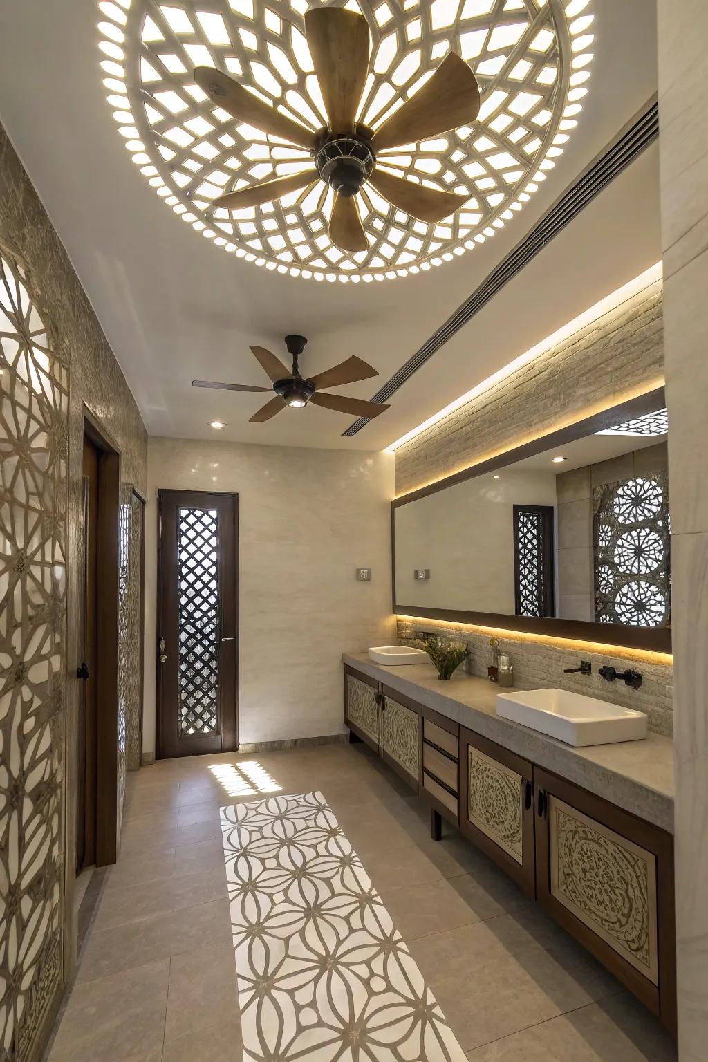 A bathroom with a ceiling fan featuring geometric light patterns.