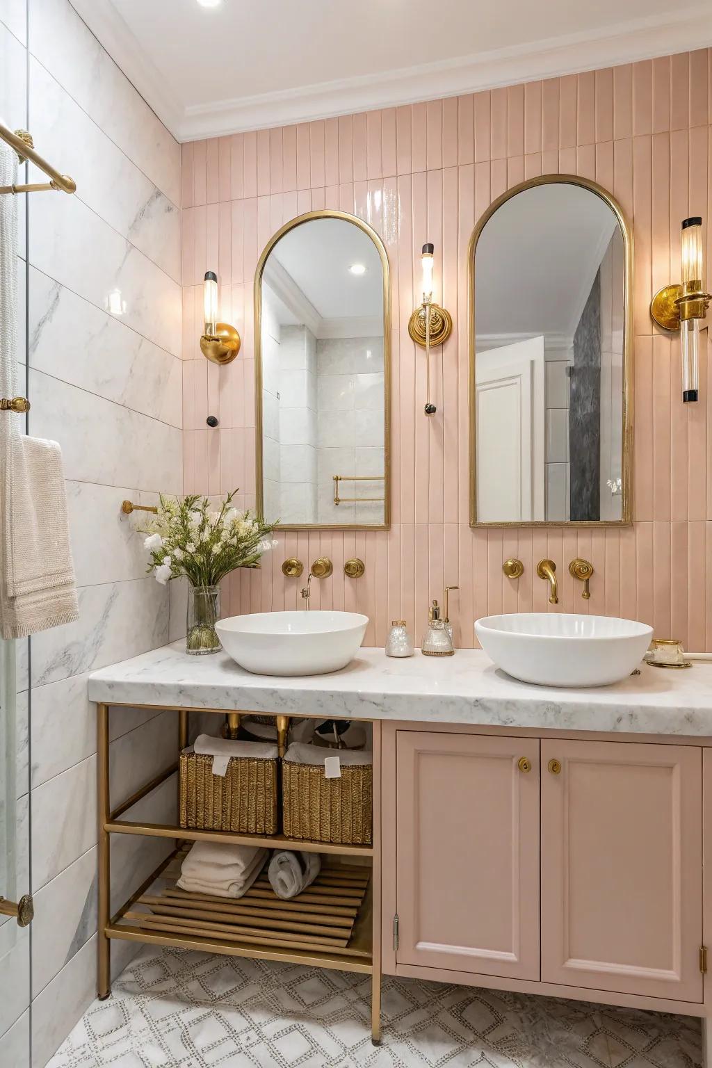 Blush pink walls add a chic and warm touch to the bathroom.