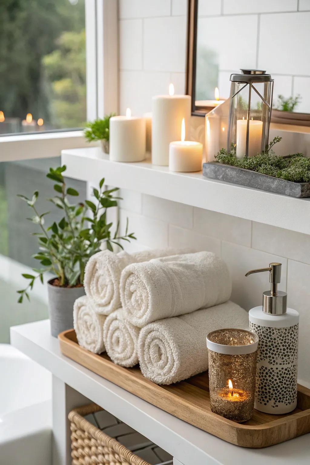 Rolled towels add softness and style.