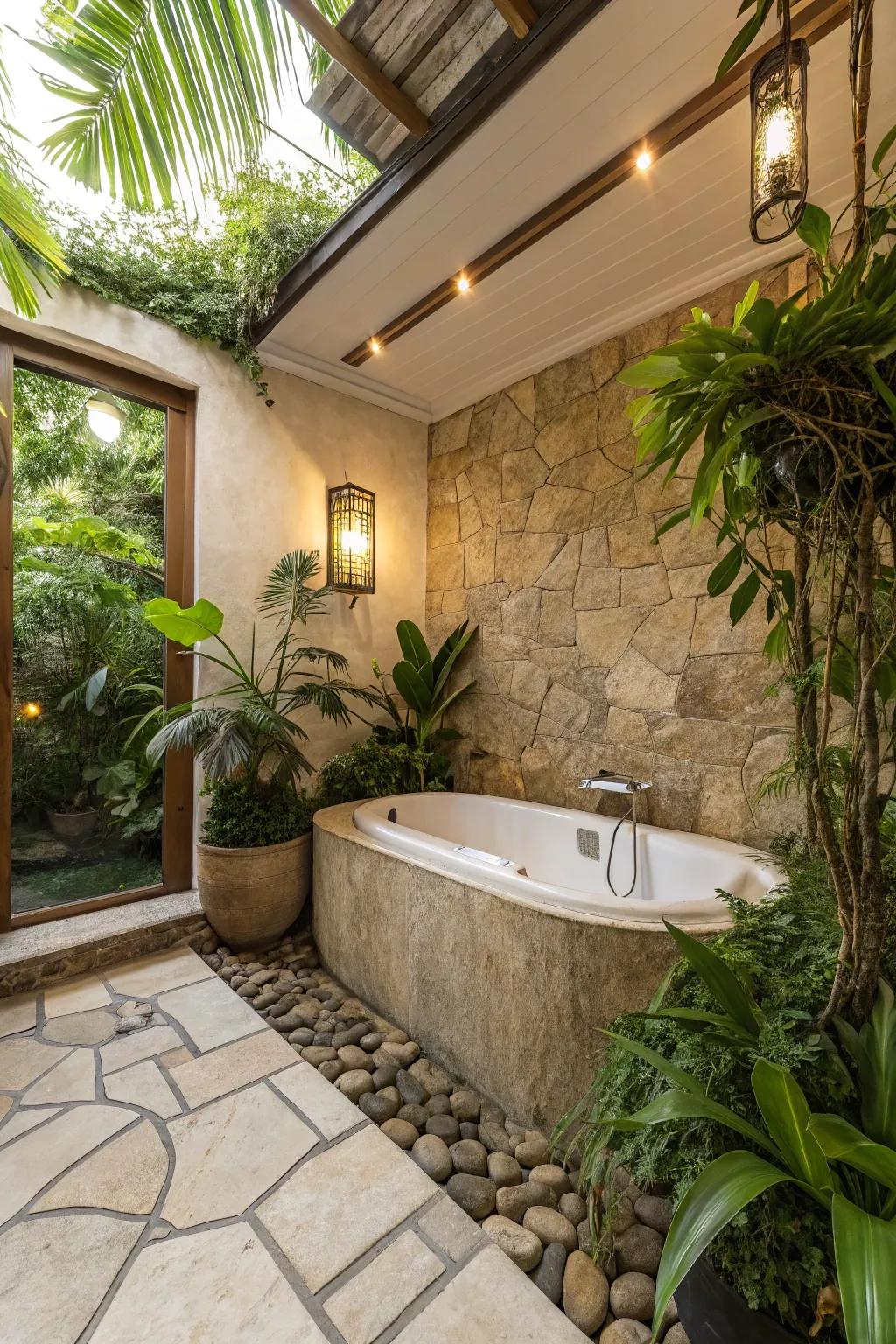 Combine greenery with natural tiles for a soothing oasis.